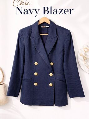 Navy Linen Blazer Gold Buttons Double Breasted Resort Chic M